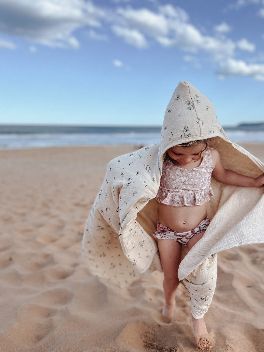 The best and softest gots organic hooded towels in neutral colour with Bluebell flower which gives it that scandi and vintage look.