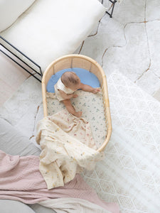 This gorgeous pure cotton gauze bassinet sheet is perfect for baby to sleep on. It is so soft and luxurious and looks great too even in your white living room or any part of your beautiful home