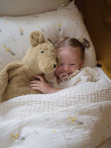 the most beautiful scandi vintage inspired GOTS Organic Single Bed Sheets for kids in neutral colours and Australian Billy Button Flowers.