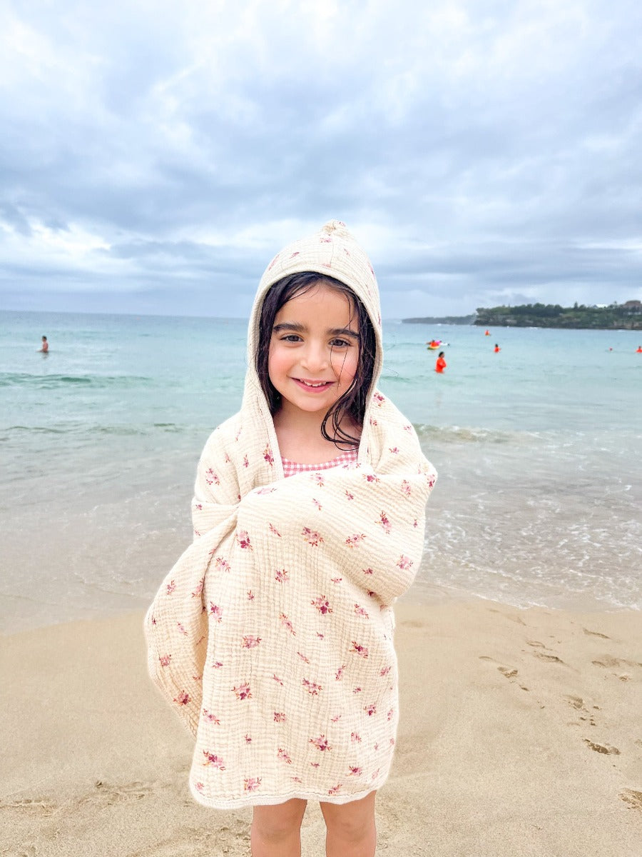 beautiful neutral GOTS Organic Cotton hooded towel with scandi vintage design and Australian pink wax flowers