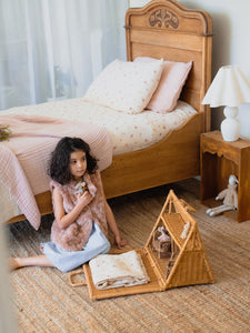 Sleigh beds and doll houses and vintage feels throw in Little Myrtle bedding and dreams live here. The super soft organic cotton gauze softie is the best blanket or throw and is pictured here with the wax flower single bed sheet set. 