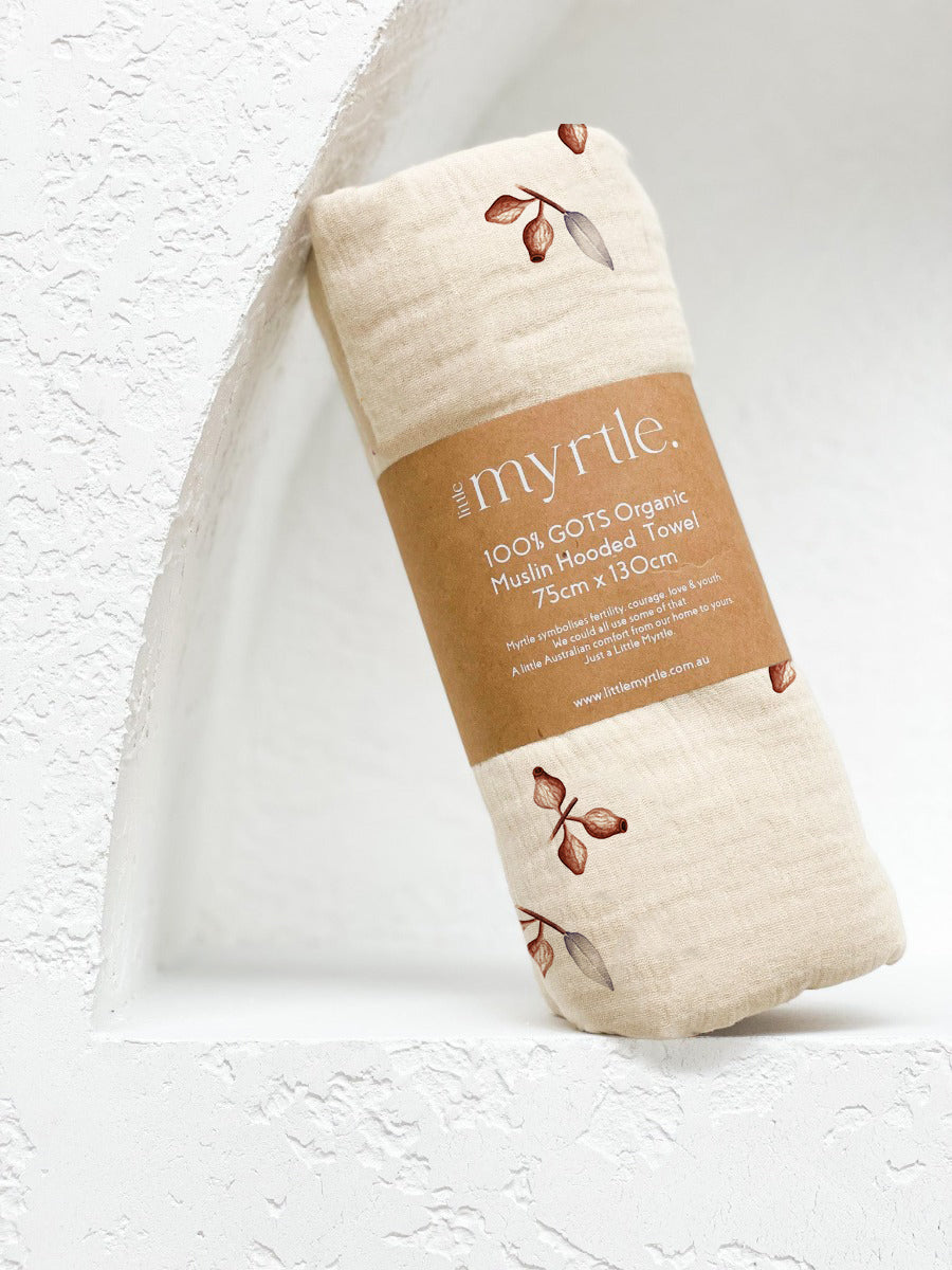 gots organic hooded towel with scandi-australian feel and gumnuts design